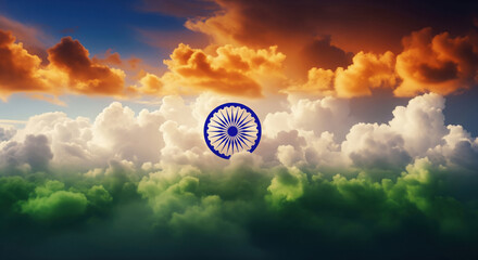A panoramic sky filled with vivid saffron, white, and green clouds forms the Indian tricolour, with the Ashoka Chakra