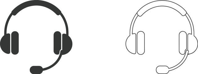 Two headset icons one solid black one outline on white headphones microphone