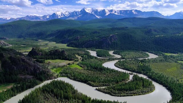 view of the Chuya meanders from above - the curves of the Chuya River, Altai, Russia