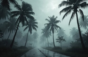 Rain pours down on palm trees near road. Weather turns for worse in tropical country. Heavy rain hits exotic resort during wet season makes rainy day.