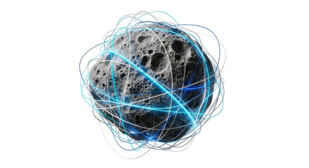 A dark, textured asteroid-like object enveloped by glowing blue and white interconnected lines, symbolizing global network and data flow.