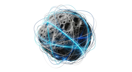 A dark, textured asteroid-like object enveloped by glowing blue and white interconnected lines, symbolizing global network and data flow.
