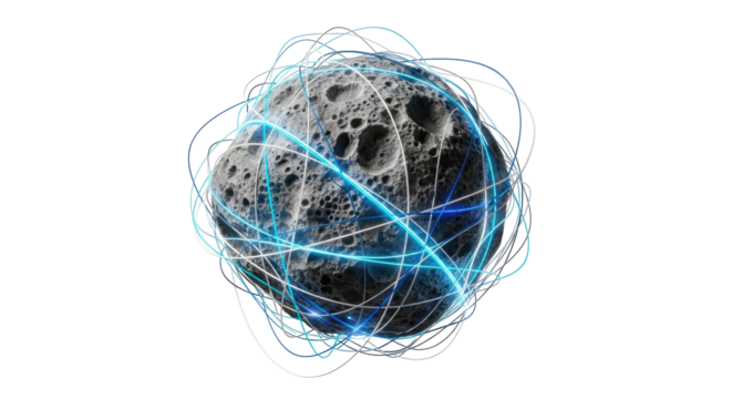 A dark, textured asteroid-like object enveloped by glowing blue and white interconnected lines, symbolizing global network and data flow.