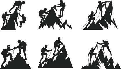 Mountain climbing teamwork silhouette, hiking adventure, outdoor sport, alpinism challenge, expedition success, mountaineer helping partner, cad drawing flat vector illustration