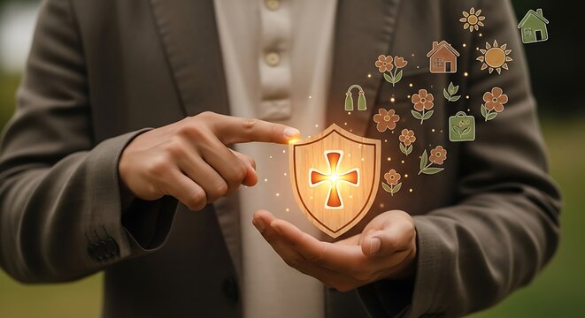 Man holding a shield with glowing icons representing protection and security for home health and environment - Powered by Adobe