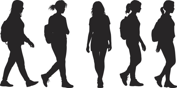 Five black female silhouettes walking and standing with backpacks woman girl