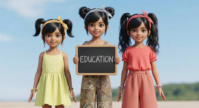 Three Indian girls stand together outdoors, with the center girl holding a chalkboard that reads "Education" in bold letters.