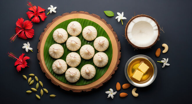 A plate of traditional Indian modak sweets is beautifully arranged with coconut, nuts, flowers, and ghee on a banana leaf for a festive celebration.​