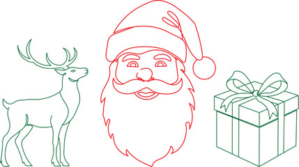 Santa Claus with Christmas gifts. Santa Claus face with a hat, a gift box with a ribbon and bow, and a reindeer line art vector.