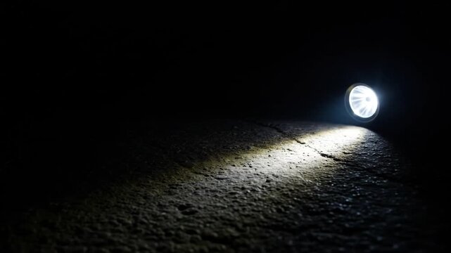 A bright flashlight beam illuminates a rough dark surface