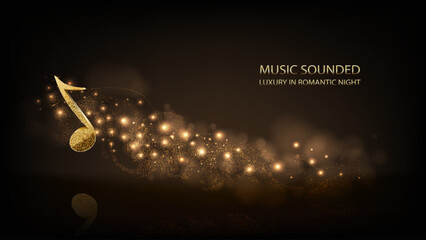 A sparkling golden musical note trails with glittering particles on a luxurious black background, overlaid with "MUSIC SOUNDED" and "LUXURY ROMANTIC NIGHT" text, suggesting elegance and melody.