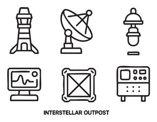 Vector illustration set of six simple black outline icons related to a futuristic space base, featuring a communication tower, radar dish, signal monitor, and other equipment