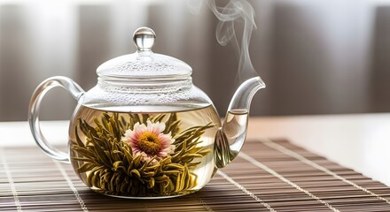 Elegant blooming tea steeping in a glass teapot, creating a calming and aromatic experience perfect for mindful moments and wellness promotion