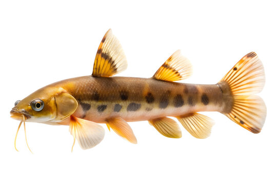 Detailed studio shot of a colorful botia loach or tiger loach syncrossus hymenophysa featuring barbels and spotted pattern, isolated on transparent background