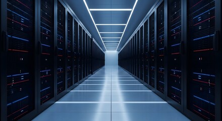 Explore the heart of data with this modern server room, a powerful visual for technology, cloud computing, and cybersecurity solutions providing secure data infrastructure