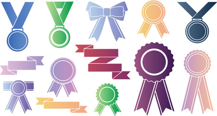 Set of Vector Gradient Ribbons and Rosettes: Colorful Banners, Medals, Awards, Seals, and Labels for Web Design.
