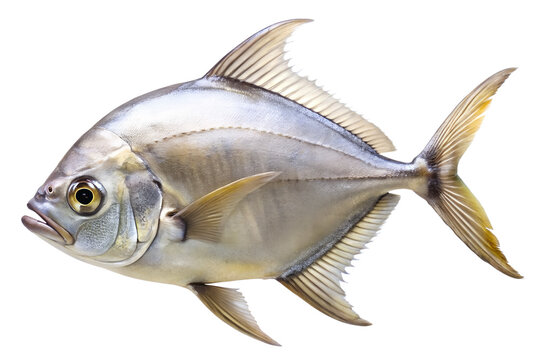 Side view of a sleek, silvercolored pompano fish with pronounced dorsal and anal fins, captured in high detail and isolated on a transparent background