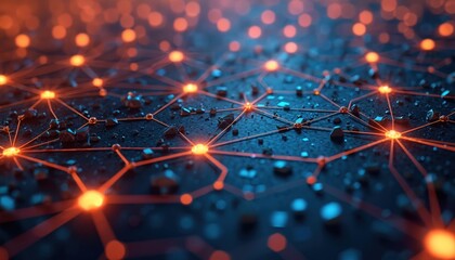 Abstract geometric network with glowing orange nodes and dark blue connections. Digital data flows through a complex mesh structure. Futuristic tech design.