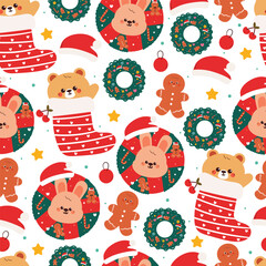 seamless pattern cute carton bear and bunny with christmas element for christmas wallpaper