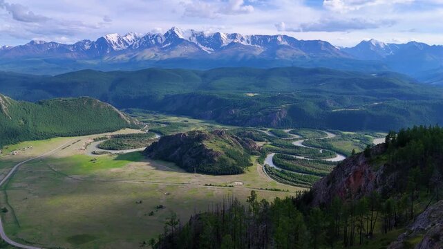 view of the Chuya meanders from above - the curves of the Chuya River, Altai, Russia