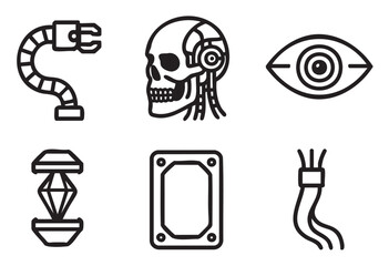 Fototapeta premium Set of six minimalist black line art icons , illustrating futuristic cyberpunk concepts like a robotic arm, cyborg skull, mechanical eye, and data chip