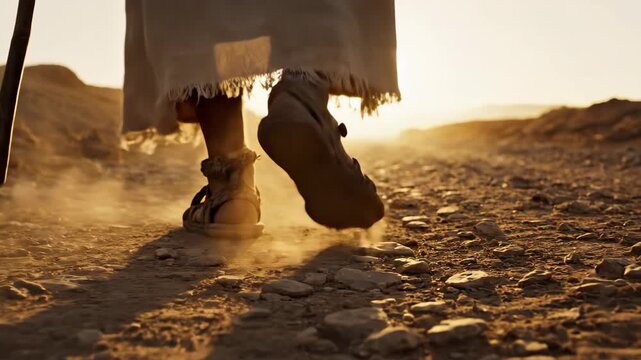 Ancient Journey Sandals on Desert Path Faith  Perseverance under golden sun.