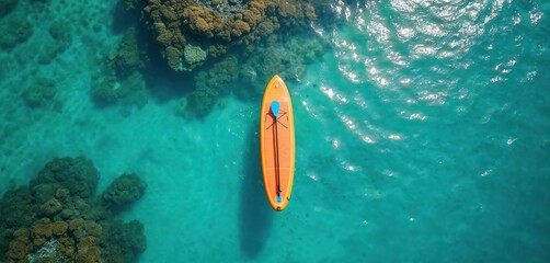 Aerial view shows orange stand up paddle board floating on calm pure turquoise ocean water. Coral reefs visible beneath clear sea surface. Idyllic tropical scene suggests summer vacation fun, water