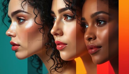 Art collage of diverse women portraits in profile. Females show different skin tones from fair to dark. Abstract concept of multiracial beauty, equality, unity. Represents modern femininity,