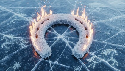 Fiery horseshoe, mystical mood, on icy surface with intricate patterns, winter design
