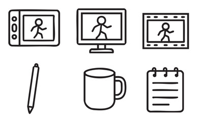 Set of six simple black outline doodle icons including a drawing tablet, computer monitor, film strip, stylus, coffee mug, and notebook, presented , representing creative work