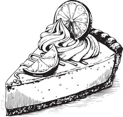 Key Lime Pie Slice, Lemon Tart Dessert, Hand-drawn Sketch Drawing Vector Illustration, Line Linear Symbol Engraving Coloring Book, Black and White Isolated
