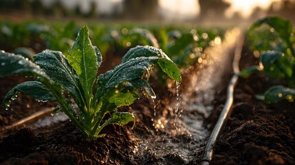 Obraz premium Field of young green crops at sunrise, nourished by a drip irrigation system. Golden sun rays break through a light morning mist in the back.