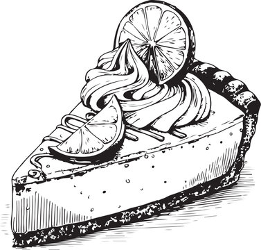 Key Lime Pie Slice, Lemon Tart Dessert, Hand-drawn Sketch Drawing Vector Illustration, Line Linear Symbol Engraving Coloring Book, Black and White Isolated