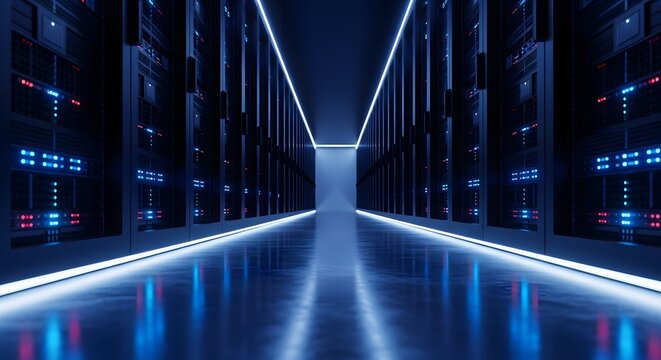 Modern server room with blue neon lighting showcasing data storage and network infrastructure for cutting-edge technology solutions and cloud computing innovation