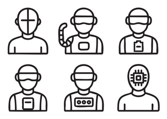 Fototapeta premium Set of six black and white line icons representing concepts of artificial intelligence, robotics, cyborgs, and futuristic technology