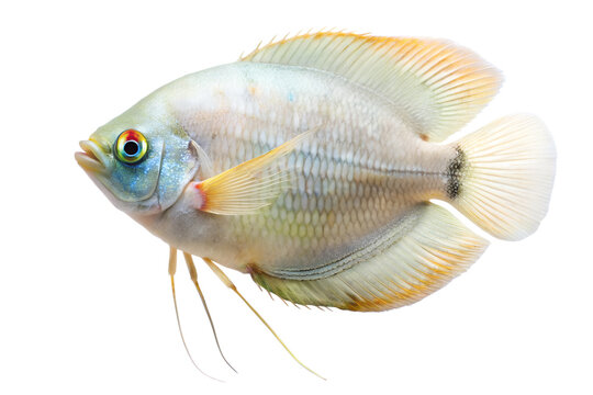 Closeup studio shot of a healthy, lightcolored dwarf gourami fish with iridescent scales and long ventral fins, isolated on transparent background
