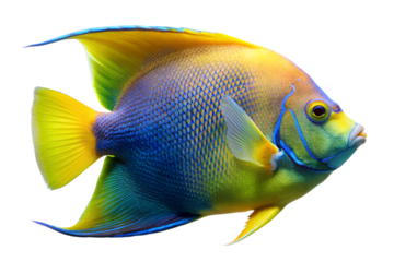 Vibrant tropical angelfish with bright yellow, blue, and green coloration swimming, isolated on transparent background