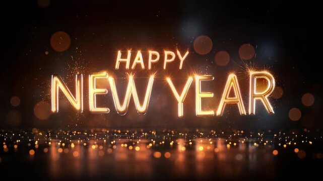 Stylish Happy New Year 3D text with sparkling gold typography crashing down, scattering particles,  rolling balls and soft bokeh create a festive cinematic mood. Beautiful CG Animation.