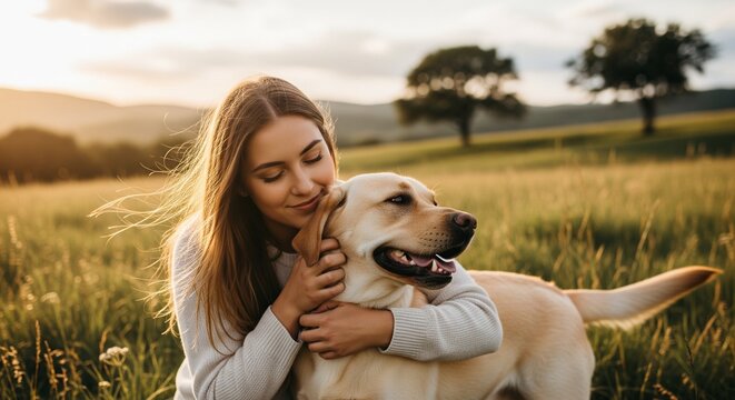 A young woman shares a loving embrace with her Labrador retriever in a golden field at sunset. A beautiful, tender moment of friendship and connection with nature
