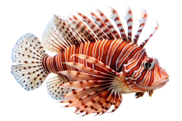 Striking lionfish with dramatic white and red striped pattern and venomouslooking fanlike pectoral fins, isolated on transparent background, perfect for marine life concept