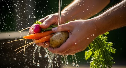 Fresh vegetables being washed under running water healthy eating concept natural food preparation