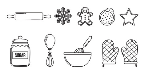 Set of minimalist baking and cooking icons for winter holiday treats, featuring a gingerbread man, cookies, a sugar jar, whisk, rolling pin, and oven mitts