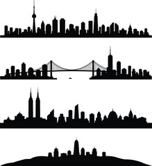 Naklejka premium Silhouettes of city skylines with bridges and iconic buildings on white background Keywords: city, skyline, silhouette, urban, architecture, buildings
