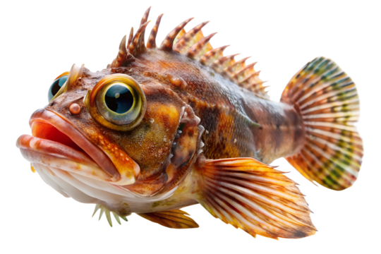Detailed portrait of a spiky, orange and brown rockfish with large eyes, isolated on transparent background, showcasing its unique texture and rugged appearance