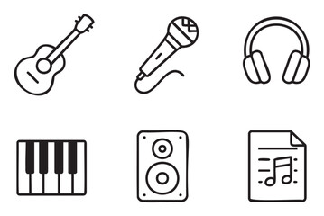 Set of hand-drawn music and audio icons, including a guitar, microphone, headphones, piano keys, speaker, and sheet music