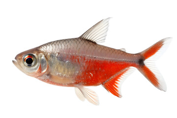 Fototapeta premium Small, silver and red tetra fish, likely a serpae tetra, swimming with bright red coloration on lower body, isolated on transparent background