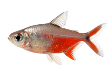 Small, silver and red tetra fish, likely a serpae tetra, swimming with bright red coloration on lower body, isolated on transparent background