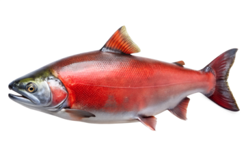 Vibrant male sockeye salmon in spawning coloration, displaying bright red body and green head, isolated on transparent background, representing peak maturity