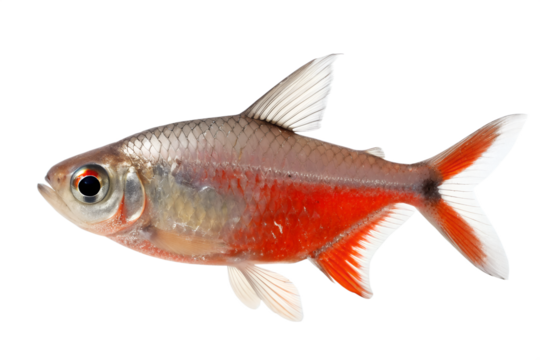 Small, silver and red tetra fish, likely a serpae tetra, swimming with bright red coloration on lower body, isolated on transparent background