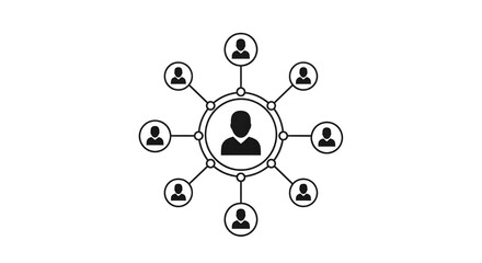Vector illustration of a central user connected to multiple surrounding users, symbolizing network, communication, teamwork, and community on a clean white background.